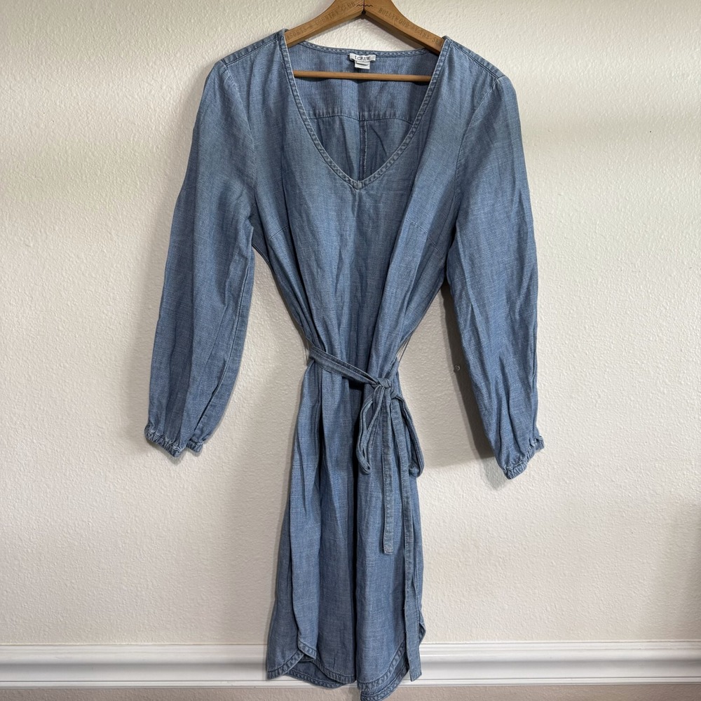 J.Crew Dress Womens Medium Blue Denim Chambray Tie Waist V-Neck Long Sleeve